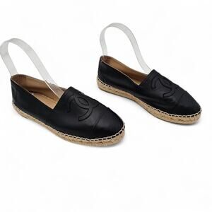 Chanel CC Logo Espadrille Slip On Flat Loafer Black Leather Size 37 US 6 6.5